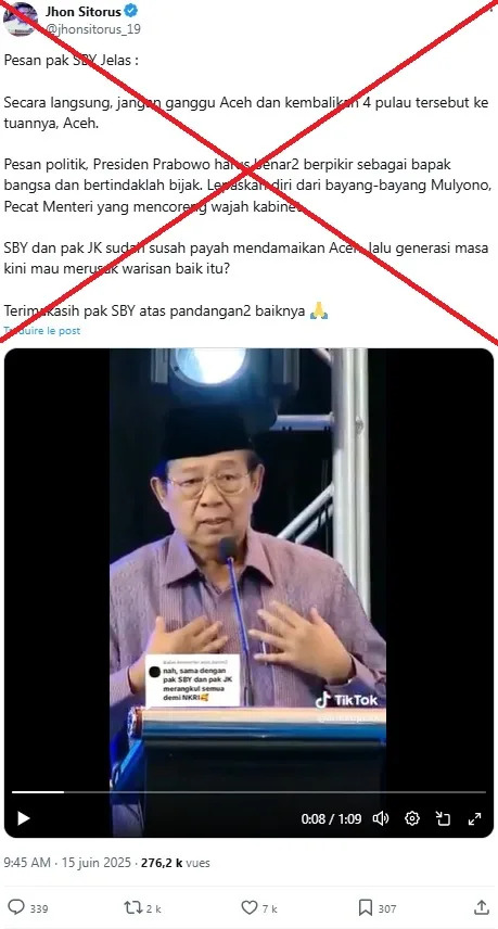 Video shows ex-Indonesian president speaking on tsunami anniversary, not island dispute