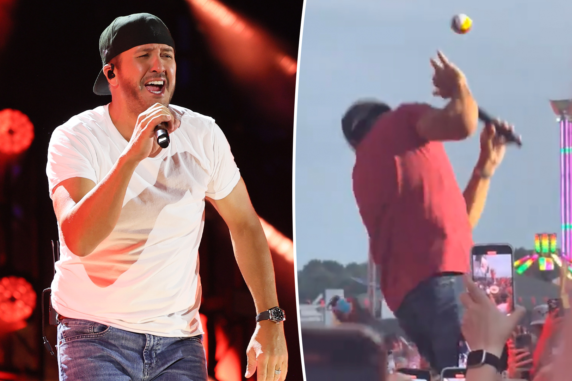 Luke Bryan responds after getting hit in the face with a ball mid-show