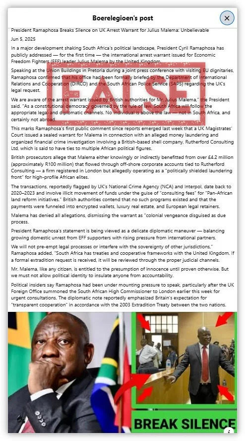 Posts falsely claim UK issued warrant for South African opposition leader