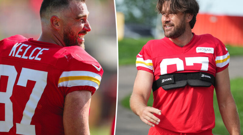 Travis Kelce debuts dramatic hair transformation at Chiefs training camp: ‘RIP the luscious locks’